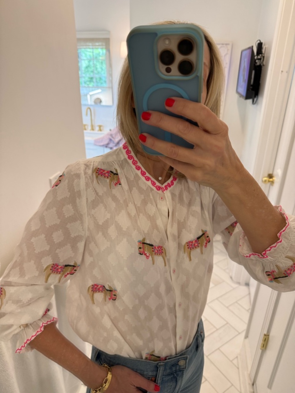 NMO White Embroidered Cotton Button-Front Blouse with Pink Trim - Picture 2 of 4